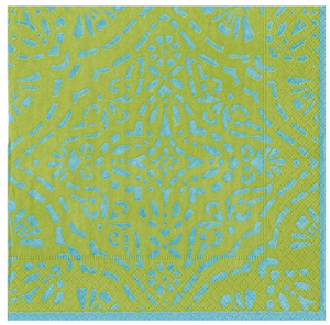 The Caspari Green Annika Cocktail Napkins feature an eco-friendly design with blue geometric and floral cutouts—making them a unique gift item.