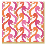 The Caspari Party Flamingos Luncheon Napkins feature a triple-ply design with interlocking pink, orange, and red flamingos on white and a gold border along the right and bottom edges.