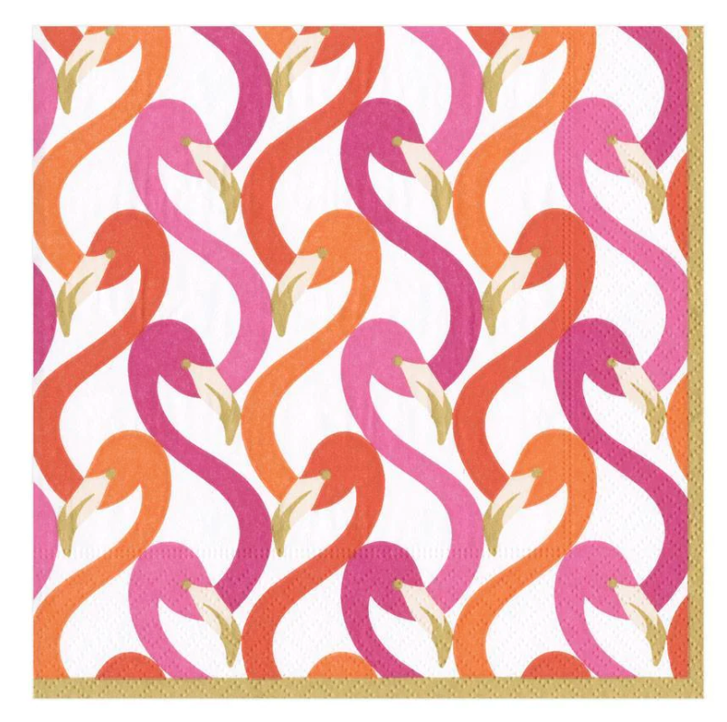 The Caspari Party Flamingos Luncheon Napkins feature a triple-ply design with interlocking pink, orange, and red flamingos on white and a gold border along the right and bottom edges.