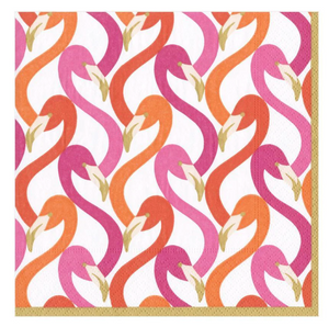 The Caspari Party Flamingos Luncheon Napkins feature a triple-ply design with interlocking pink, orange, and red flamingos on white and a gold border along the right and bottom edges.