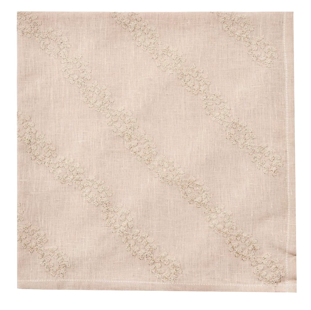 The Deborah Rhodes Vine Embroidered Napkin Set features square linen napkins with stitched edges, a subtle diagonal texture, and delicate taupe/gold hand-embroidered accents.