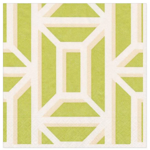 A geometric pattern with white lines creating symmetrical shapes on eco-friendly, compostable Caspari Garden Gate Paper Linen Cocktail Napkins in Grass with a green textured background.