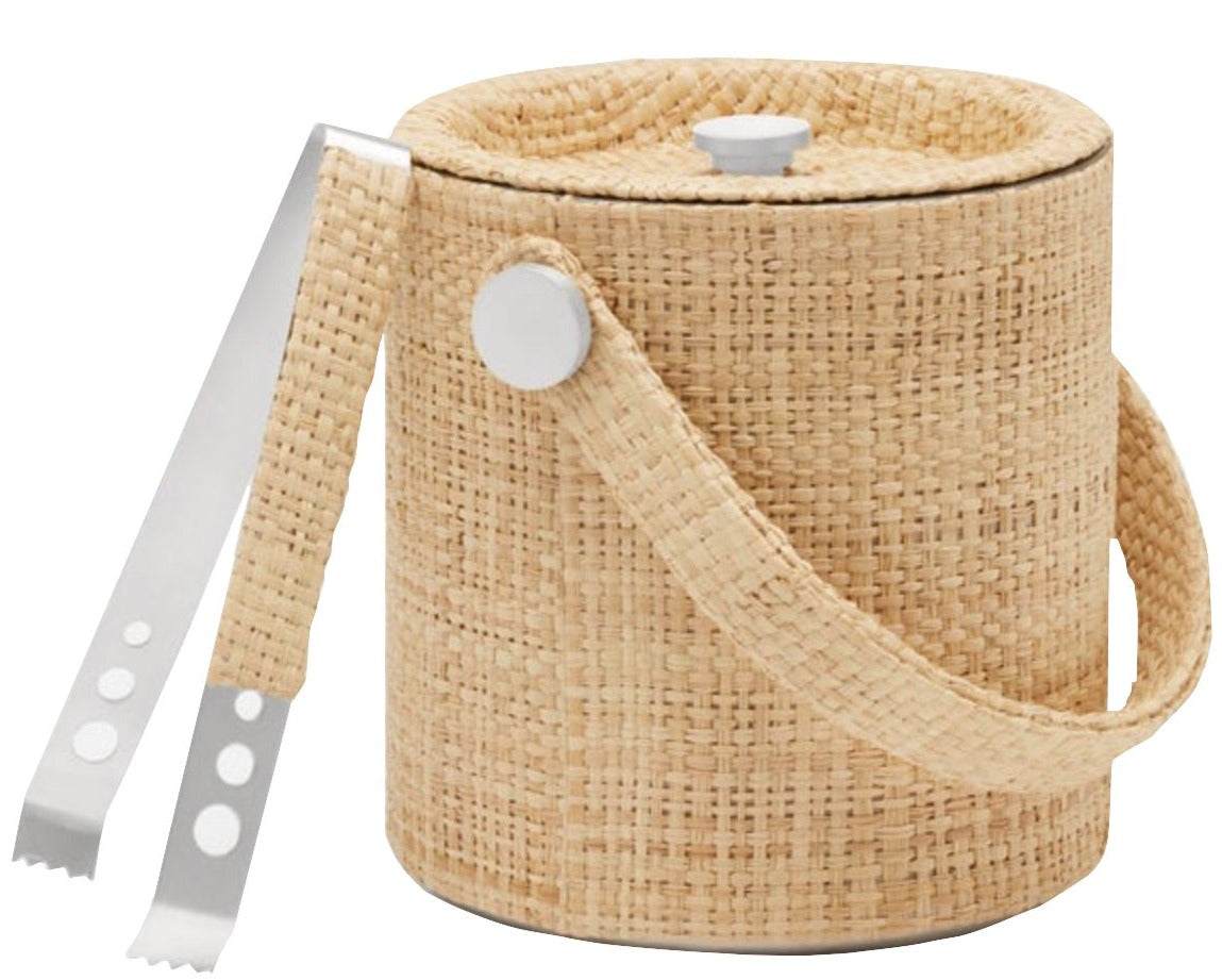 The Blue Pheasant Barth Natural Gold Raffia Ice Bucket with Tongs features a patio-friendly rattan design, matching lid, side handle, and attached metal tongs—part of the stylish Barth bar collection.