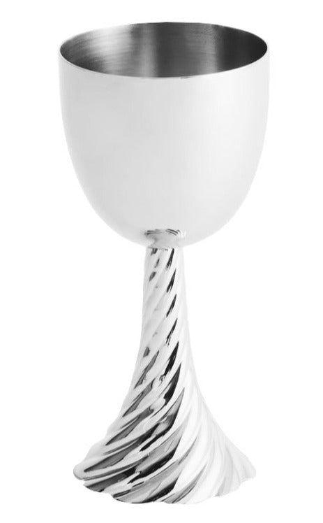 The Michael Aram Twist Kiddush Cup in silver features a smooth, rounded bowl and a spiraled stem inspired by the Twist Collection’s signature repeated lines.
