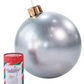 A large inflatable Holiball Giant Ornament in silver, featuring a gold cap, is displayed next to a decorated cylindrical box. The word "Silver" is shown below.