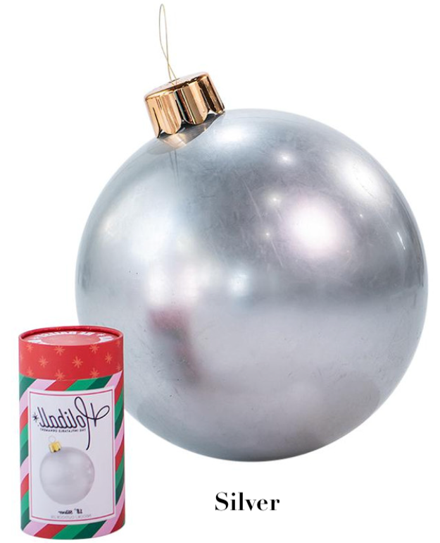 A large inflatable Holiball Giant Ornament in silver, featuring a gold cap, is displayed next to a decorated cylindrical box. The word "Silver" is shown below.