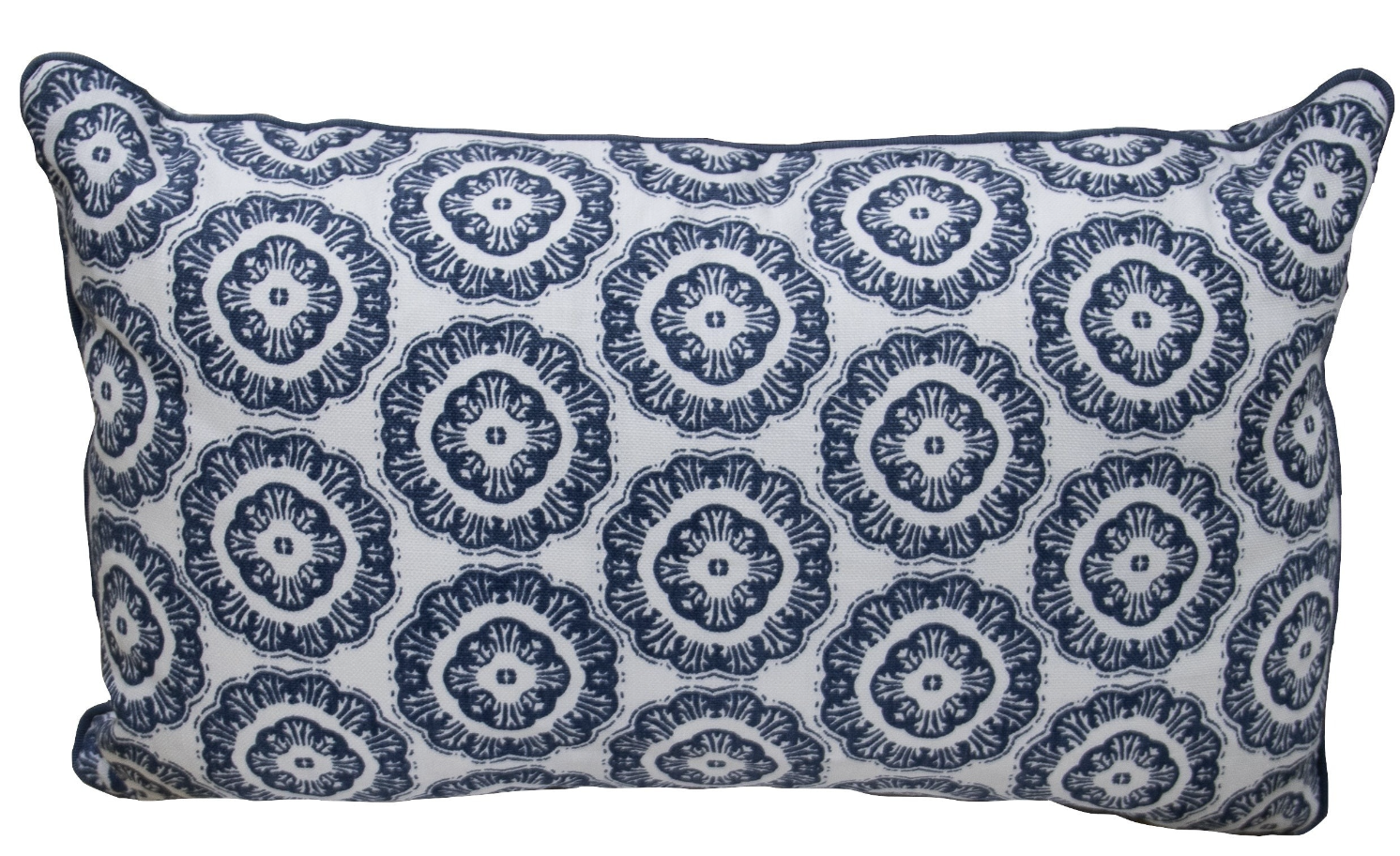 The Inverted Medallion Navy Pillow by Associated Design features a handmade rectangular shape with a white background and blue circular floral medallion patterns, crafted in the USA for a personalized touch.