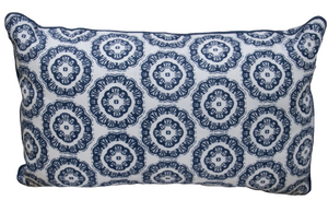 The Inverted Medallion Navy Pillow by Associated Design features a handmade rectangular shape with a white background and blue circular floral medallion patterns, crafted in the USA for a personalized touch.