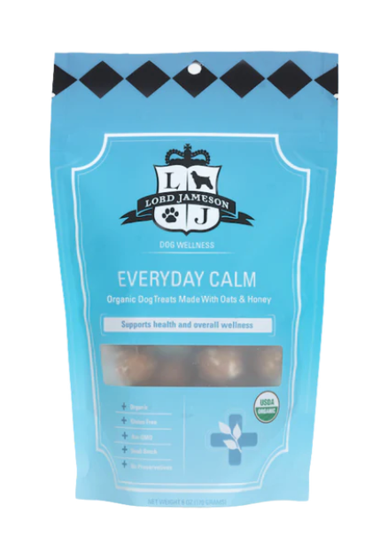 Lord Jameson Everyday Calm Dog Treats come in a blue resealable pouch with organic oats, honey, and calming chamomile—packed with plant-based proteins to support your dog’s daily wellness.