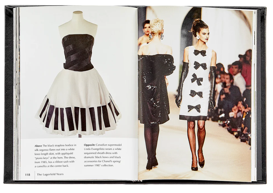 An open Little Book of Chanel displaying photographs of two different dresses from a Coco Chanel fashion collection, with descriptive text alongside the images.