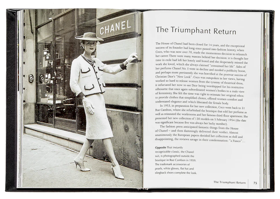 Open Little Book of Chanel by Graphic Image displaying a black and white photo of a woman standing outside a Chanel store, juxtaposed with text on the right page titled "The Triumphant Return" detailing historical information about the coutur