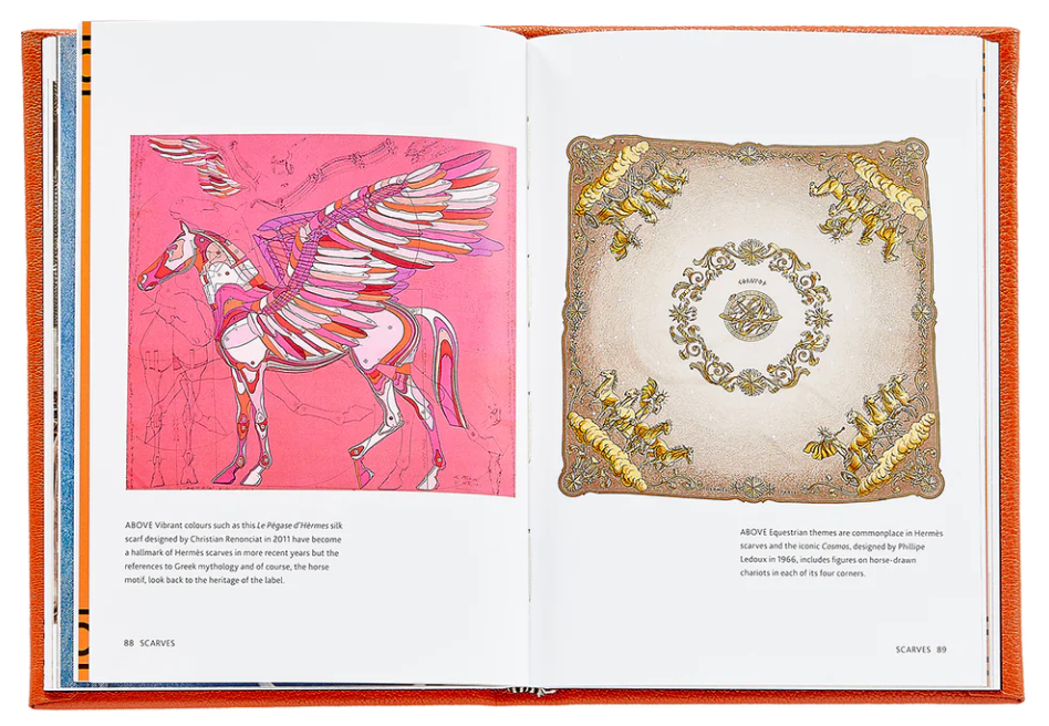 An open copy of *Little Book of Hermes* by Graphic Image reveals a colorful illustration of a winged horse on the left page, while the right features an intricate scarf design that evokes the luxurious flair of Hermès accessories, capturing the attention of any passionate fashion historian.