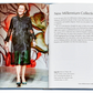 A woman stands smiling in a hallway, wearing a dark Prada dress and sandals, next to a page of the Little Book of Prada by Graphic Image describing the "new millennium collections.