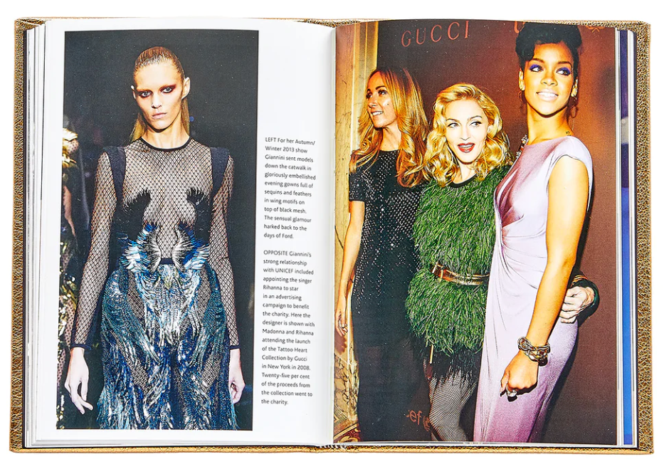 Open fashion book highlighting Italian luxury: a model on the left in a detailed dress and three women posing together at an iconic Gucci event on the right, featured in the "Little Book of Gucci" by Graphic Image.