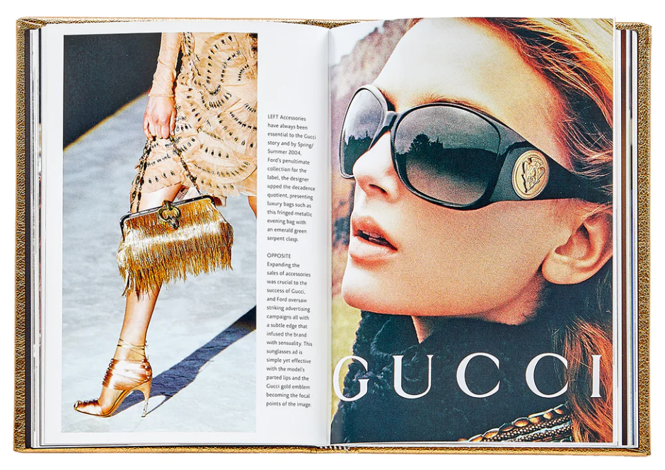 The *Little Book of Gucci* by Graphic Image presents a stunning display of Gucci fashion: the left page features a model adorned with a fringed bag and gold heels, while the right page provides an up-close view of a woman wearing large sunglasses next to the iconic Gucci logo, celebrating Italian luxury and its rich fashion history.