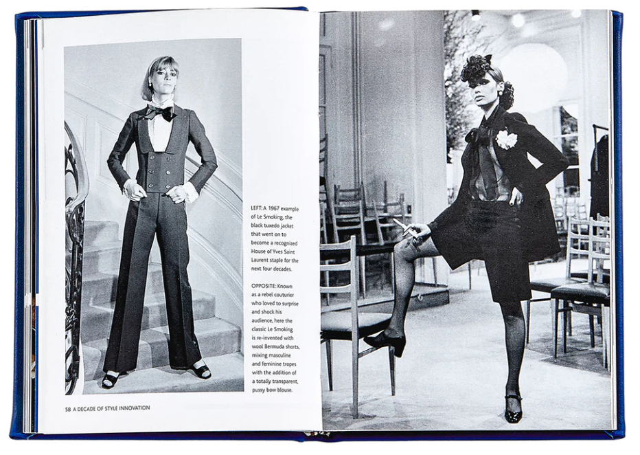 The 'Little Book of Yves Saint Laurent' by Graphic Image showcases two black and white photos of 1960s fashion: a chic tailored pantsuit on the left and a knee-length outfit with stockings on the right, both reflecting elegant haute couture poses.