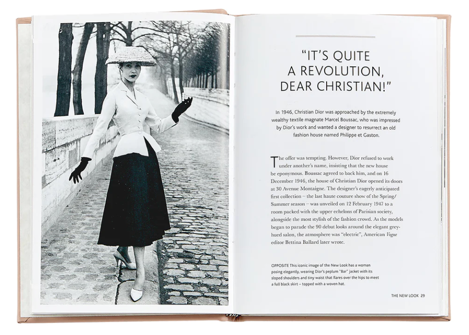 The open pages of the Little Book of Dior by Graphic Image feature a black-and-white photo of a woman in a chic ensemble on the left, accompanied by text on the right that discusses Christian Dior's Parisian haute couture and his groundbreaking new look silhouette.