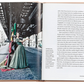In the Little Book of Dior by Graphic Image, a captivating vintage photograph showcases a woman wearing a Christian Dior green dress that epitomizes the new look silhouette, standing by a city street under a bridge, while text covers the opposite page.
