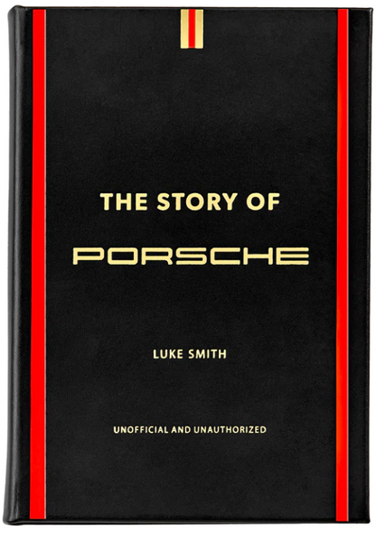 The Story Of Porsche Black Leather" by Graphic Image has an unofficial and unauthorized black cover with red and gold stripes evoking the luxury car brand’s iconic race designs.