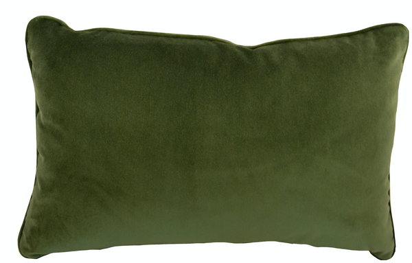 Associated Design's Baltazar Olive Lumbar Pillow, handmade green rectangular pillow, is isolated on a white background.
