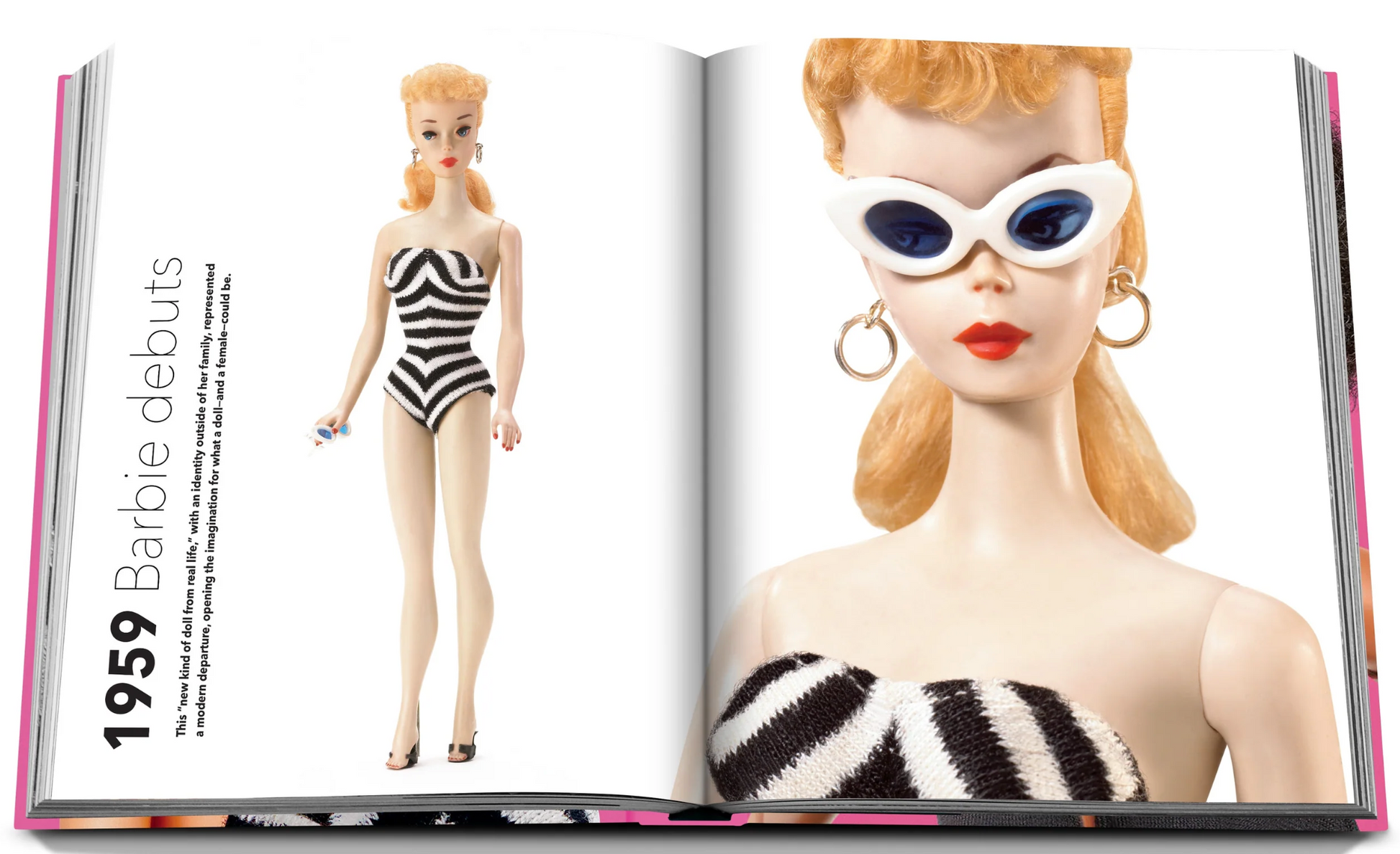 Open book displaying a page about the debut of the 1959 Barbie doll, an American phenomenon, featuring images of the Barbie doll in black and white swimwear published by Assouline.