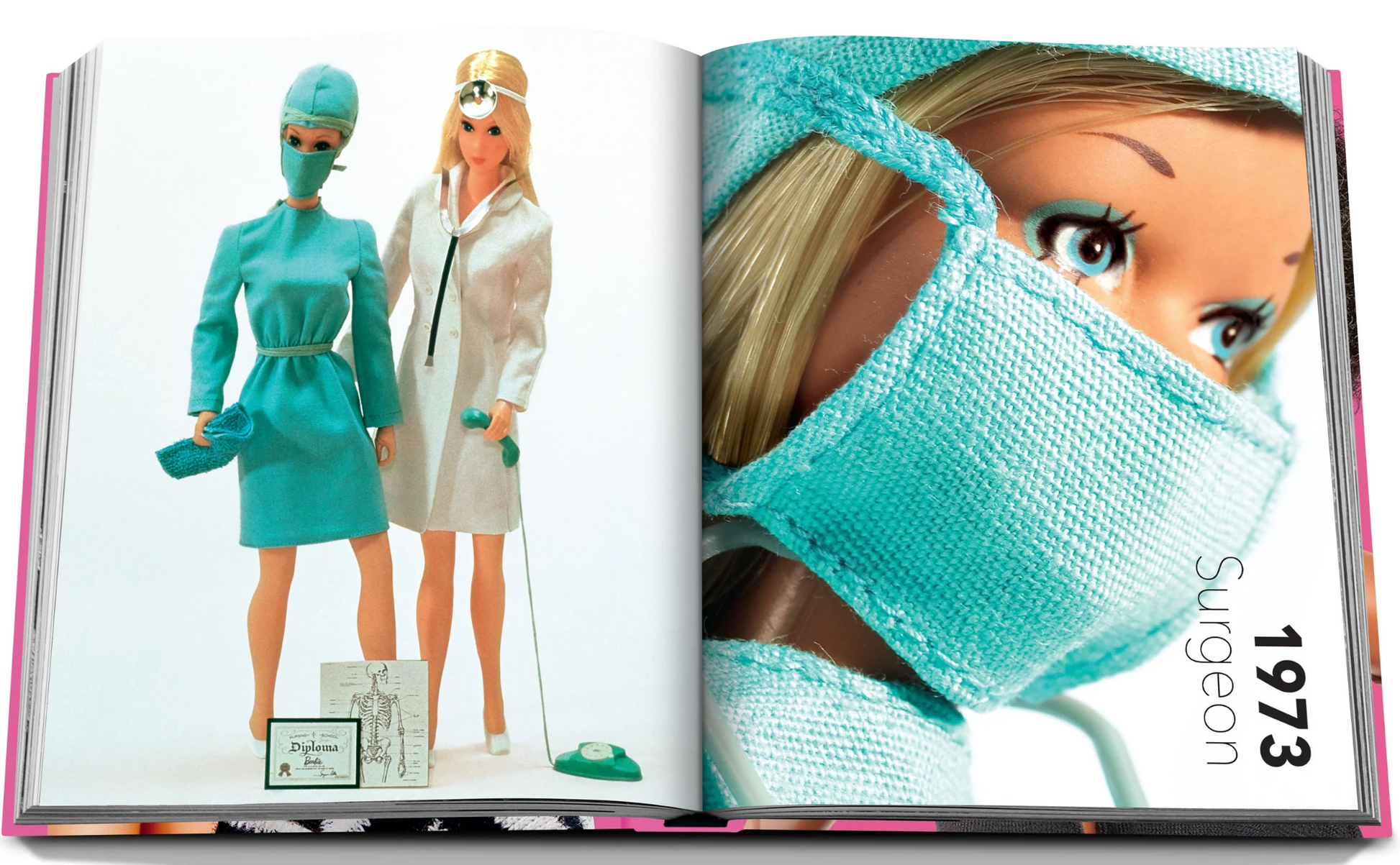 A vintage Assouline Barbie doll dressed as a surgeon with a mask, alongside another Barbie in a white coat, depicted in a 1973 themed book page celebrating Barbie history.