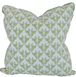 The Charlotte 01 Pillow by Hive Custom Pillows is a square, USA-handmade design with a green floral pattern on white, featuring leaf motifs. It offers down-filled comfort and matching green piped edges for stylish and cozy relaxation.