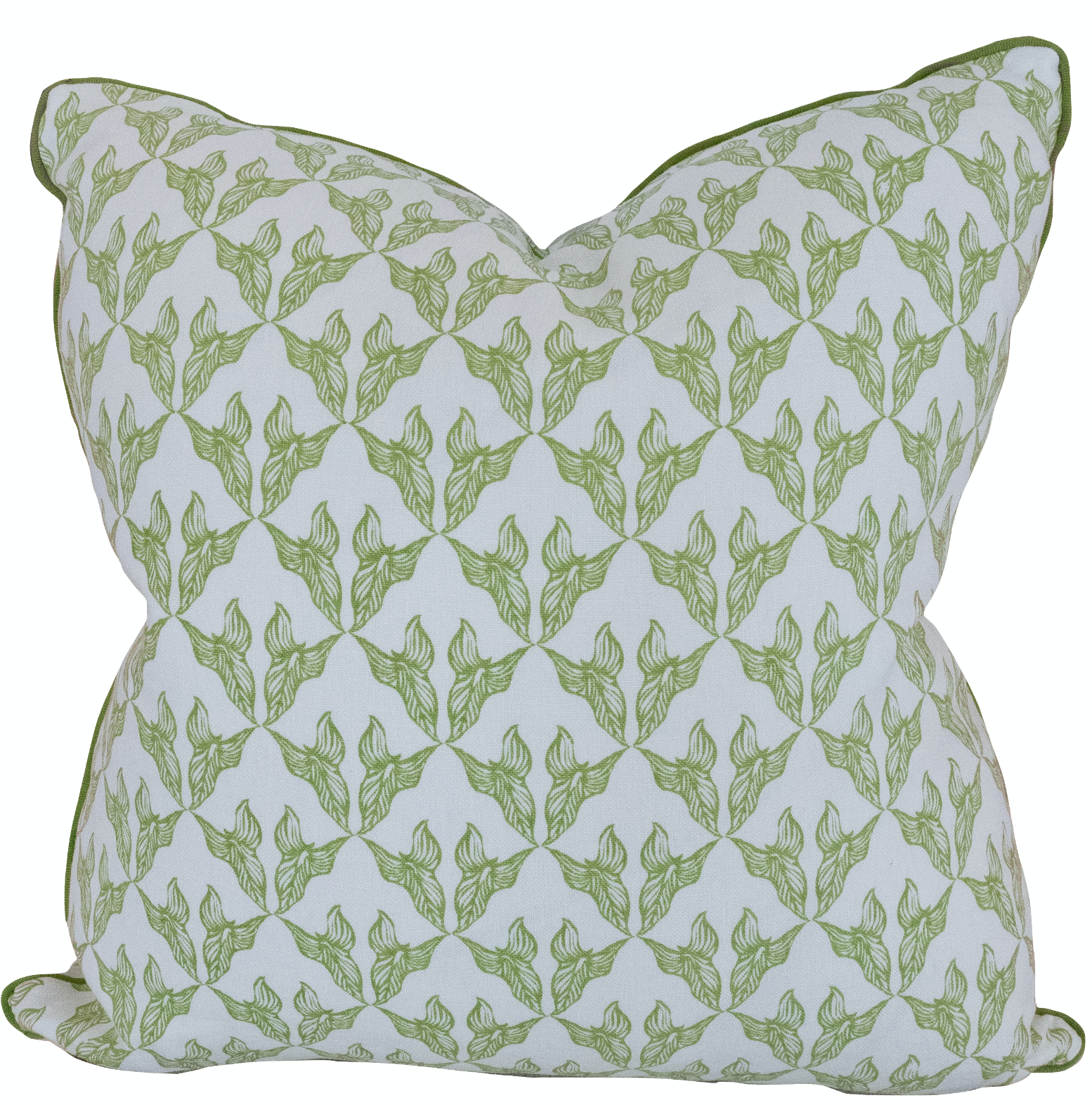 The Charlotte 01 Pillow by Hive Custom Pillows is a square, USA-handmade design with a green floral pattern on white, featuring leaf motifs. It offers down-filled comfort and matching green piped edges for stylish and cozy relaxation.