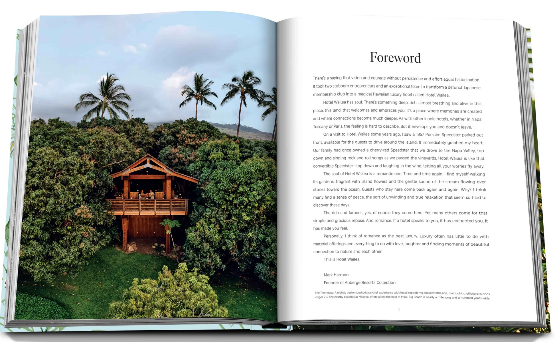 An open book showcasing a foreword on the right page is set amidst lush greenery, with a wooden treehouse and palm trees in the background—perfectly capturing the essence of a Hawaiian island escape, reminiscent of the serene atmosphere at Hotel Wailea. This scene evokes the tranquil ambiance found in "Hotel Wailea" by Assouline.