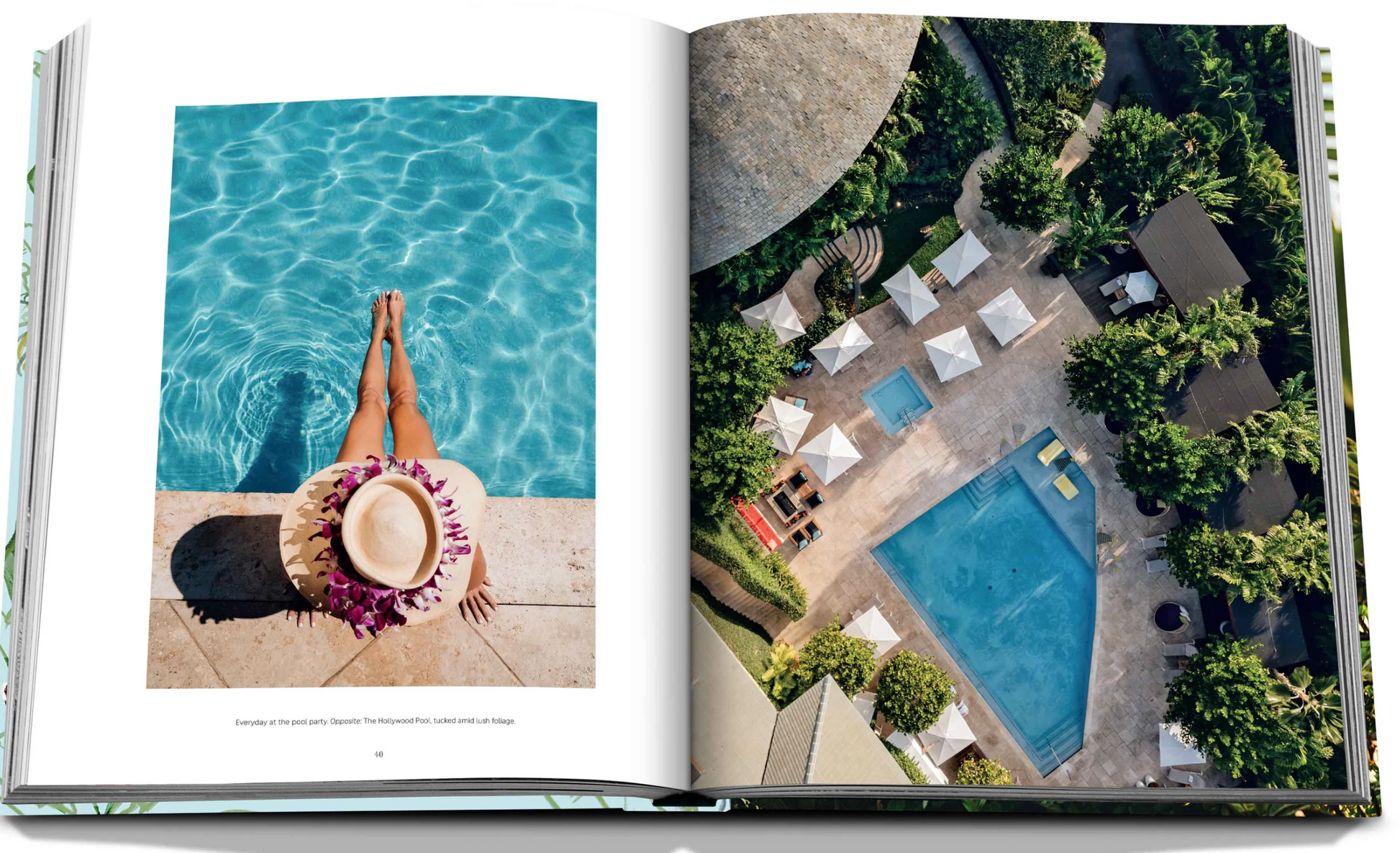 An open book from Assouline's "Hotel Wailea" displays a serene scene of a person sporting a hat and pink flowers sitting by a pool on the left page, while the right page features an aerial view of a lush pool area surrounded by greenery and loungers, perfectly embodying the tranquil atmosphere of this Maui boutique resort.