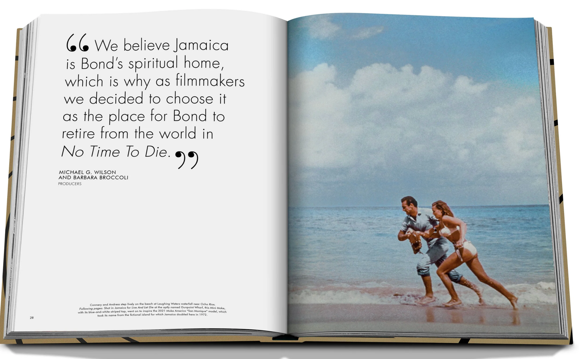 An open book depicting a couple on the beach in an iconic location, featuring James Bond Destinations by Assouline.