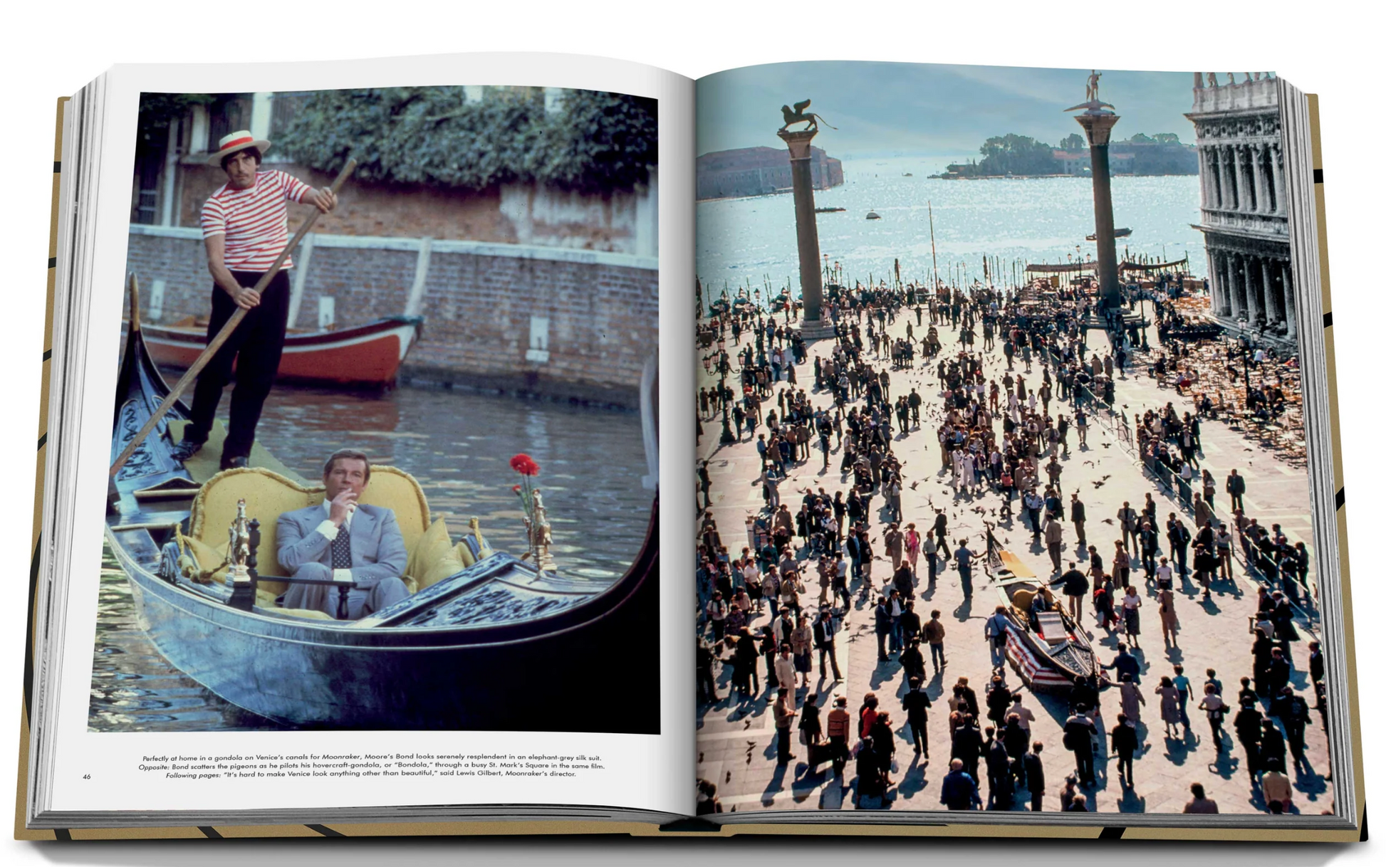 A book featuring a picture of people on a gondola in iconic places is the James Bond Destinations by Assouline.