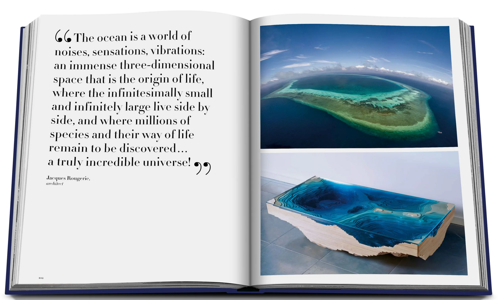 An open book with a picture of an island and a map, perfect for Assouline's Ocean Wanderlust.