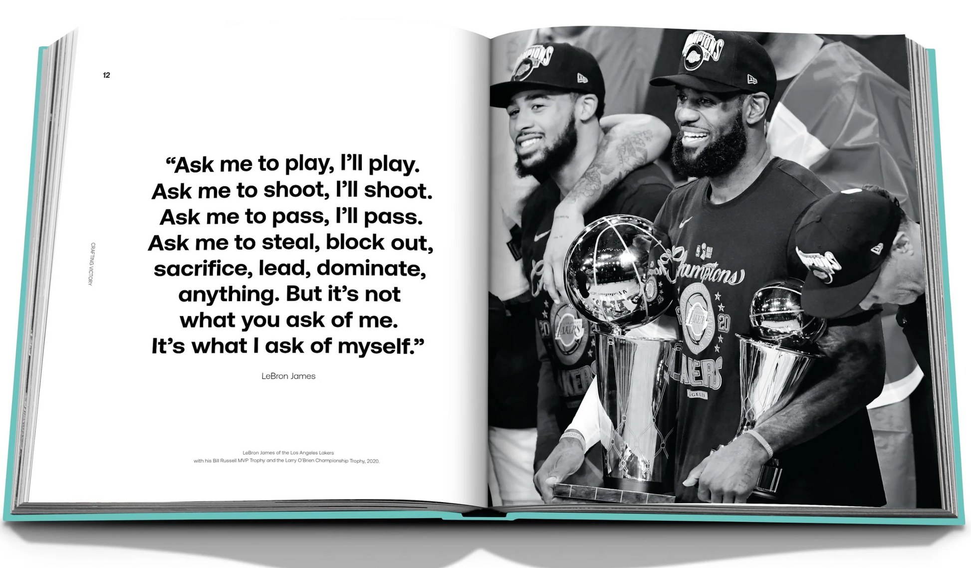 A basketball team, gleaming under the lights like sterling silver, celebrates with trophies and wide smiles, sporting caps adorned with the Tiffany & Co.: Crafting Victory design. They're gathered next to a motivational quote etched with the precision of silversmithing, commemorating a player's inspiring words by Assouline.