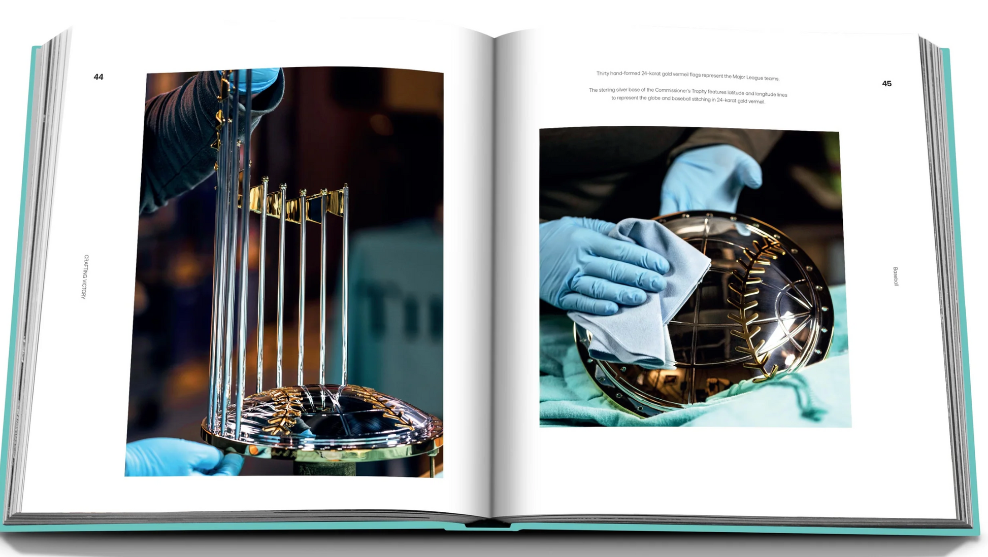 A spread from "Tiffany & Co.: Crafting Victory" by Assouline showcases a silversmithing scene, where gloved hands meticulously polish a trophy, capturing the essence of Tiffany hollowware craftsmanship in sterling silver and its base.