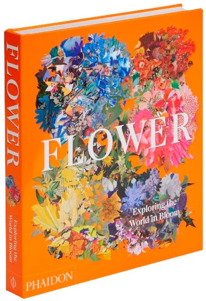 An orange book titled "Phaidon Flower: Exploring The World In Bloom" by Phaidon with a colorful collage of various floral motifs on the cover.