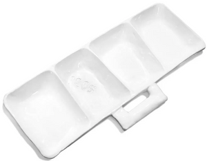 The Ibolili/Montes Doggett Appetizer Platform Tray is a handmade white ceramic tray with four compartments, a raised handle, and "1205" embossed in one section. It’s dishwasher safe for convenience and lasting quality.