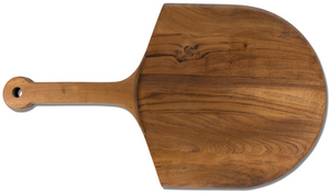 The Pizza Wood Serving Board by Ibolili/Montes Doggett is hand-sanded with a smooth surface, natural variations, and a handle featuring a hole for hanging.