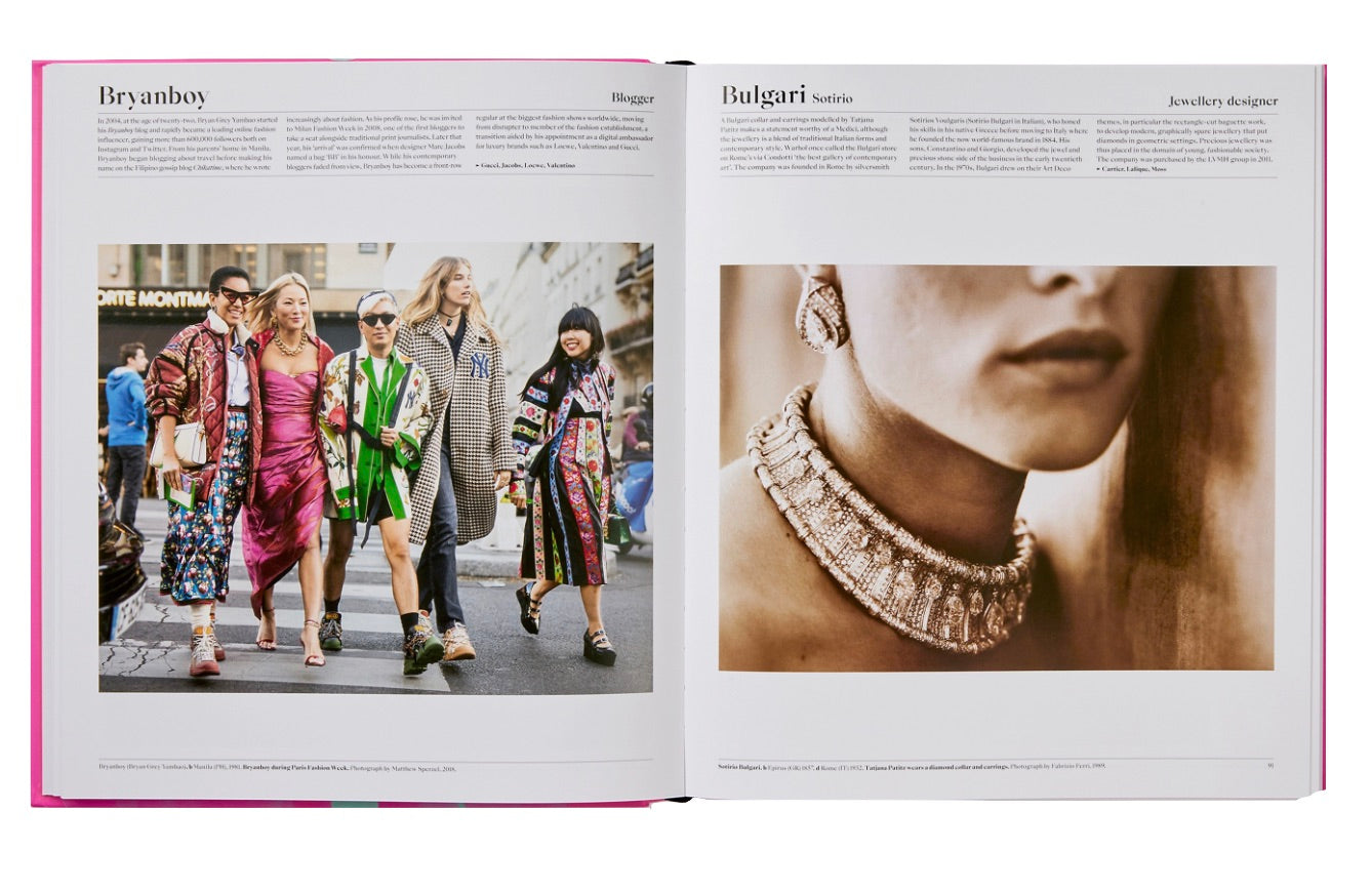 An open book showing images and text. The left page features a group of stylishly dressed individuals walking on the street, embodying fashion icons. The right page displays a close-up of a woman's neck wearing elaborate jewelry, akin to what you'd find in "The Fashion Book" by Phaidon.