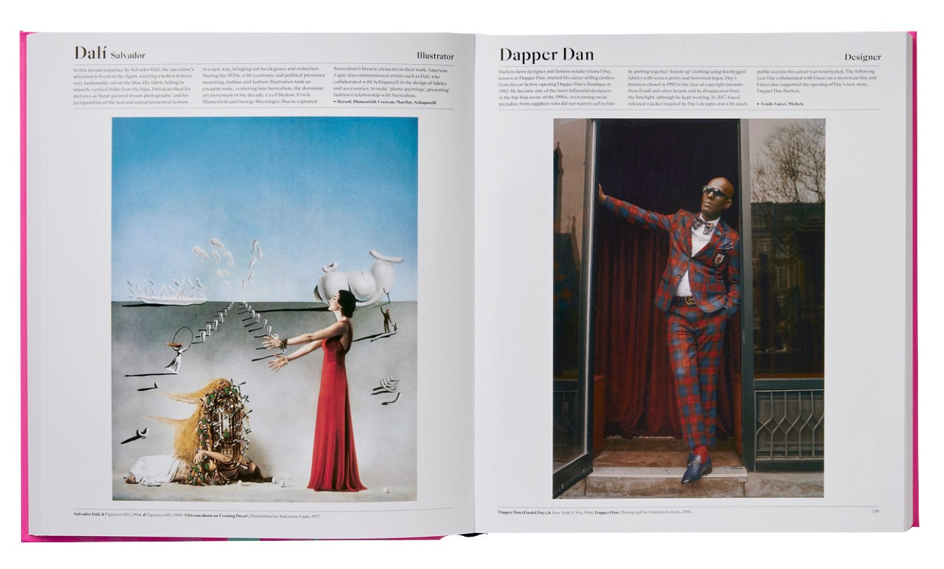 An open magazine spread shows a surreal art piece on the left page and a stylishly dressed man in a checkered suit on the right. The titles read "Dalí Salvador" and "Dapper Dan," respectively, highlighting influential fashion icons featured in The Fashion Book by Phaidon, a staple in the fashion industry.