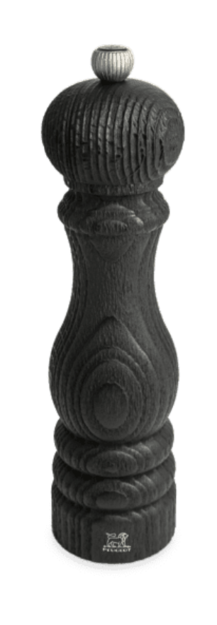 Paris Nature Black Wood Salt and Pepper Mill Collection crafted from French PEFC-certified wood, with intricate carvings and a textured surface, standing vertically on a white background. Brand Name: Peugeot Saveurs.