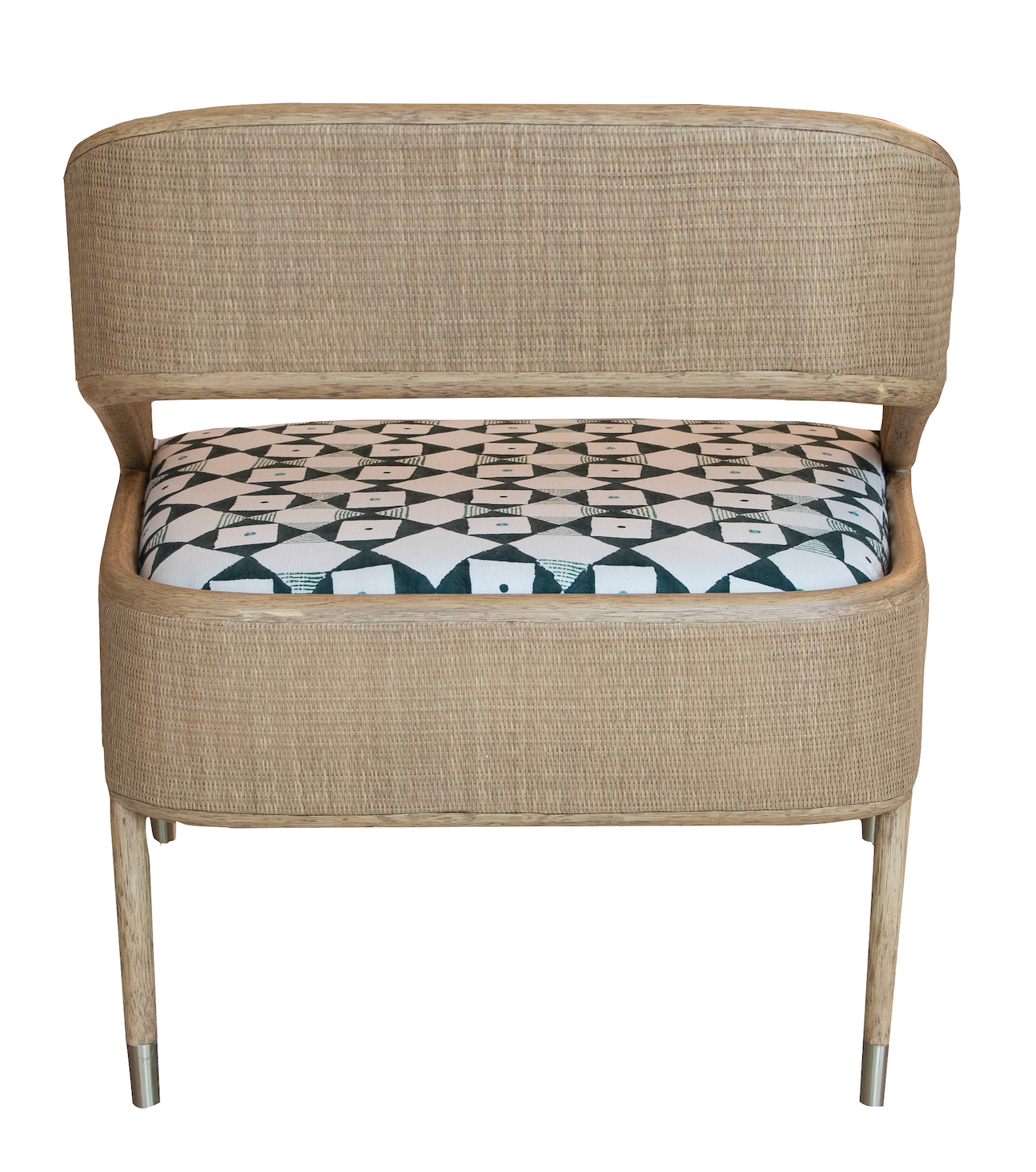 A Tenan Lounge Chair in Broadway with a curved back and a patterned cushioned seat featuring black, white, and grey geometric shapes. The chair has four wooden legs in a Matte Sand Dune finish, adding an elegant touch of West Palm Beach style. This exquisite piece is brought to you by McGuire Furniture.