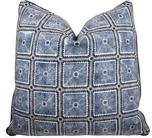 The Pisa Charcoal Pillow by Hive Custom Pillows is a handmade square decorative piece featuring a geometric blue and white pattern with circular motifs, filled with luxurious down for ultimate comfort. Made in the USA.
