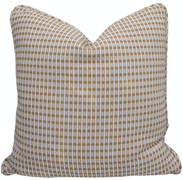 A Sanary Sable Outdoor Pillow by Associated Design, double-sided with a brown and white checkered pattern, measures 22" X 22".