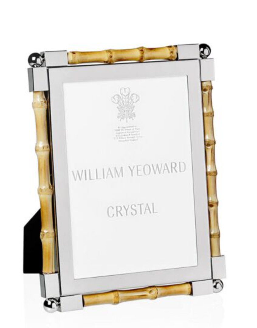 The Bamboo Classic Frame Collection by William Yeoward Crystal features rectangular frames with bamboo-style sides and nickel-plated corners—perfect for stylish home décor. Includes a placeholder card labeled "WILLIAM YEOWARD CRYSTAL.