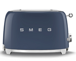 A blue SMEG 2-Slice Toaster Collection with wide slots and the word Smeg on it.