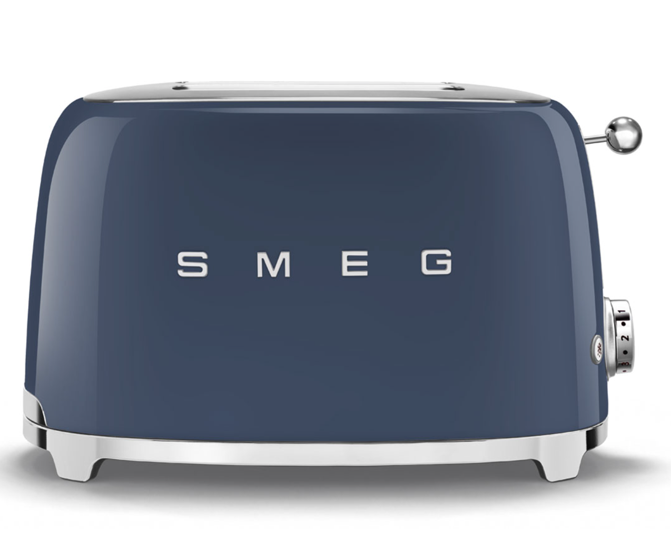 A blue SMEG 2-Slice Toaster Collection with wide slots and the word Smeg on it.