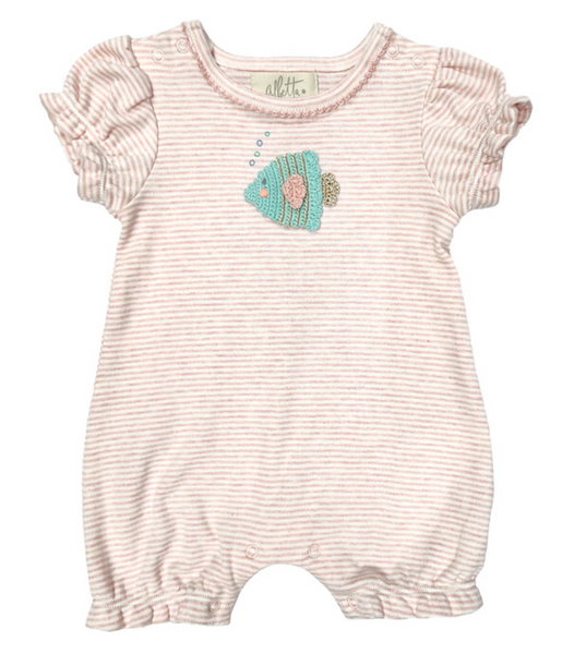 The Albetta Crochet Tropical Fish Babyvest by Albetta is a pink and white striped cotton romper featuring short sleeves and an embroidered fish on the front.