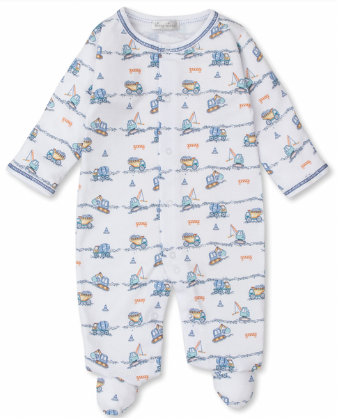 The "Kissy Kissy Construction Junction Printed Footie" by Kissy Kissy is a white infant garment crafted from luxurious Pima cotton, featuring a playful construction junction print with blue and yellow trucks and traffic cones.