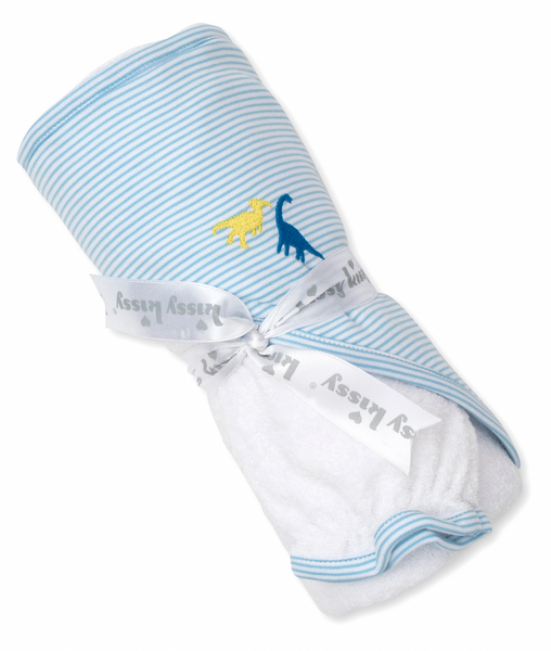 The Kissy Kissy Dinosaurs Galore Hooded Towel with Mitt Set by Kissy Kissy is a super-soft, 100% Pima Cotton towel perfect for delicate skin. It features blue stripes, two small embroidered dinosaur designs, and is tied with a ribbon that says "Baby.